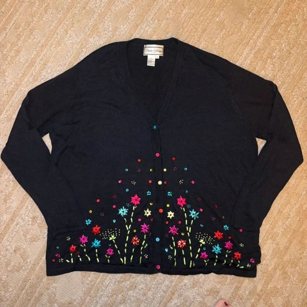 Diane Gilman 100% Silk Floral Embroidered Cardigan 2X Black